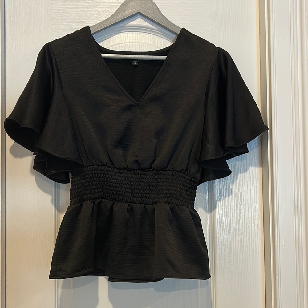 Peplum V Neck Black Top with ruffle short sleeves and elastic waist